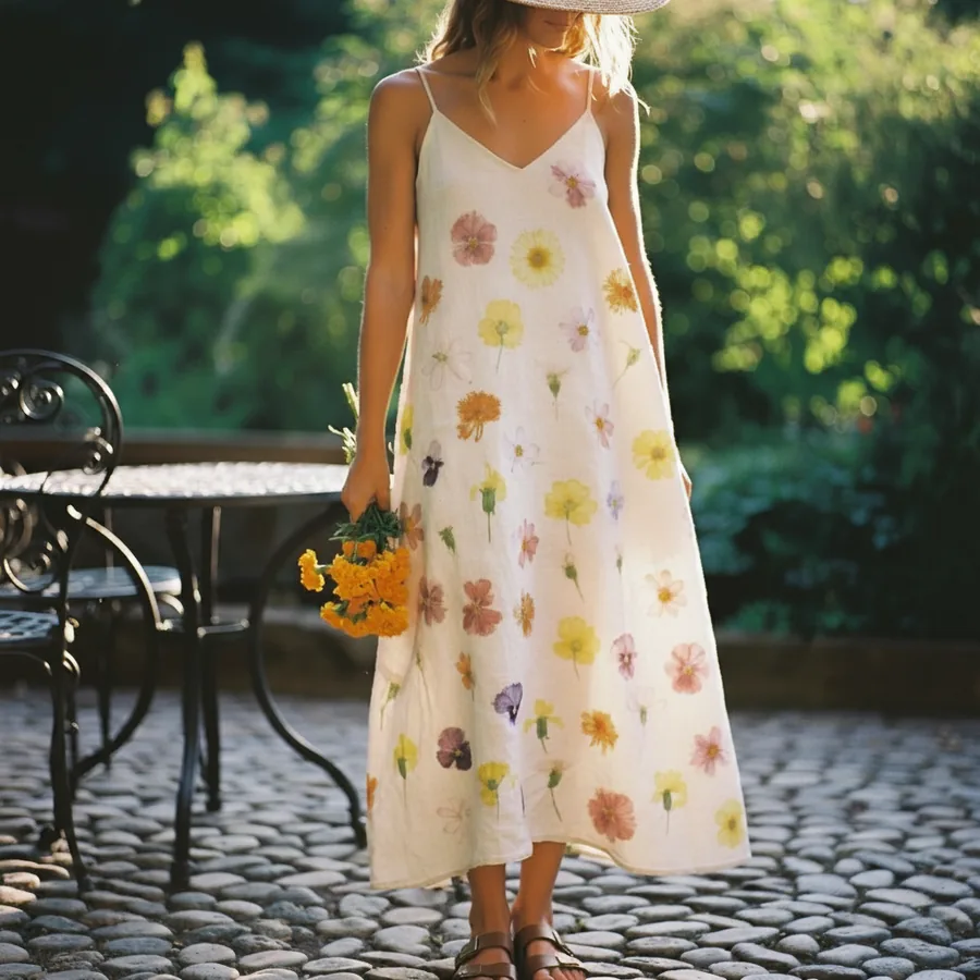 Finished ecoprinted cotton sundress with marigold, cosmos, pansy, and fern silhouette prints