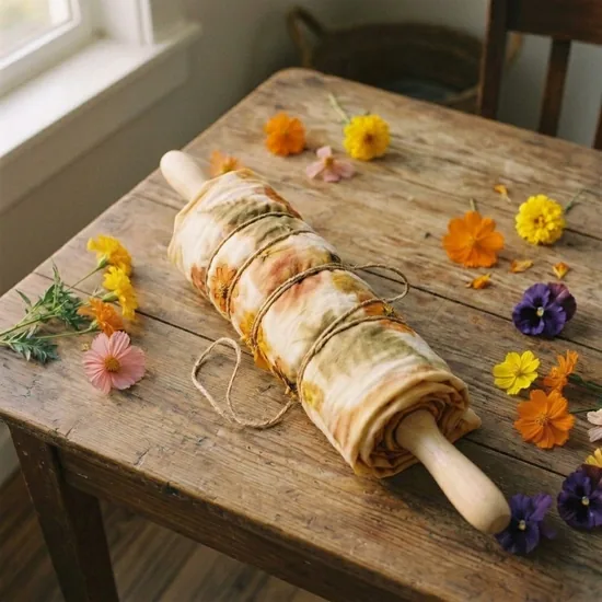 Module 3: The Steam Reveal, rolling a bundled sundress with flowers around a wooden dowel
