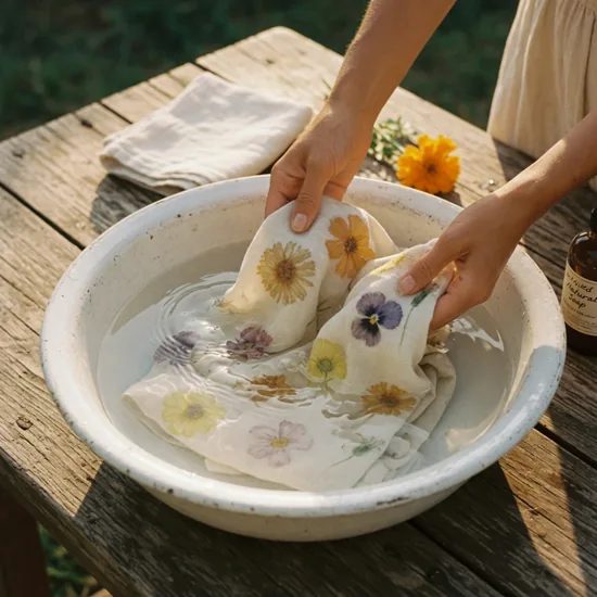 Module 5: The Forever Print, rinsing a finished ecoprinted sundress in a basin