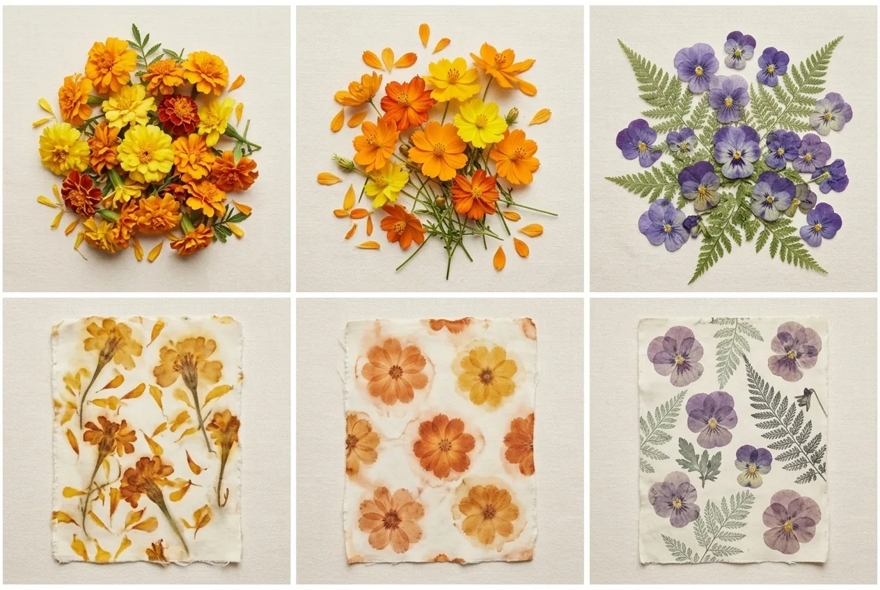 Three piles of raw botanicals (marigolds, sulfur cosmos, pansies with ferns) above three matching ecoprinted cotton fabric swatches showing the resulting amber, rust, and violet prints