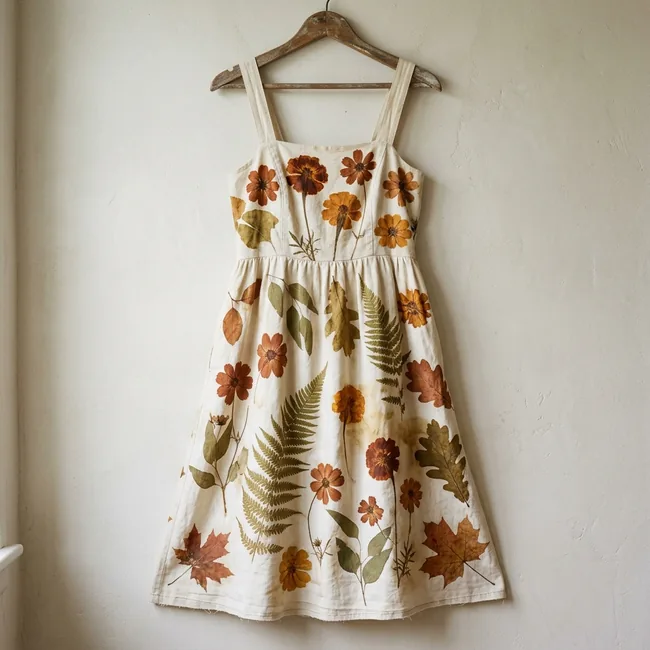 Autumn harvest ecoprint sundress with burnt amber marigolds and pressed leaves
