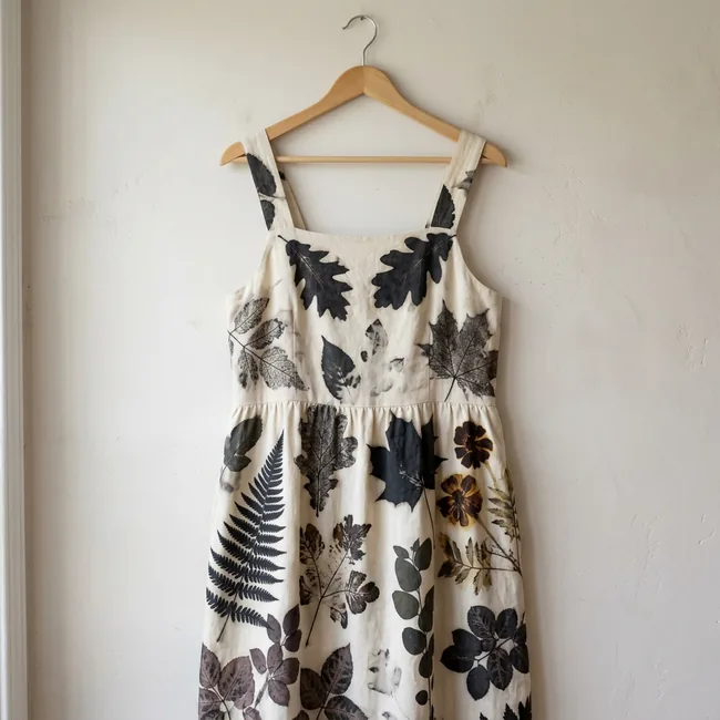 Iron-shifted ecoprint sundress with charcoal ferns, iron-blackened leaves, and deep amber marigolds